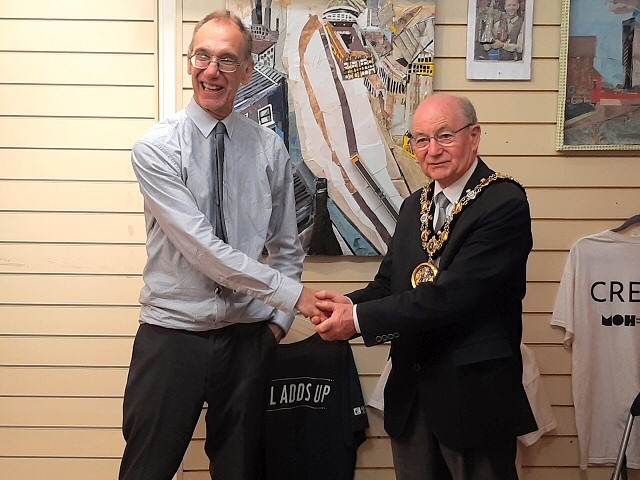 Mayor Billy Sheerin with John Priestley at his portrait exhibition opening in Wheatsheaf Shopping Centre