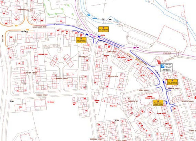 Parking restrictions (in purple) have been proposed for Rooley Moor Road, seen here north of the Woodstock Street junction. Existing restrictions are shown in yellow.