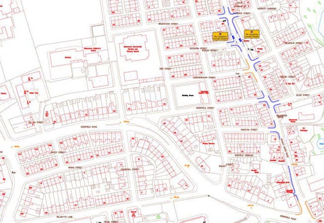 Parking restrictions (in purple) have been proposed for Rooley Moor Road, seen here south of the Woodstock Street junction. Existing restrictions are shown in yellow.