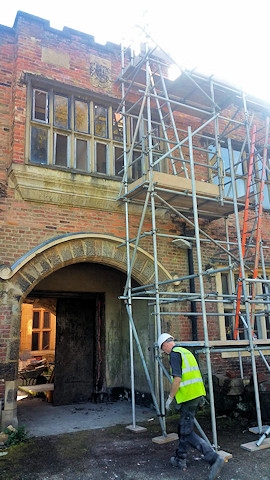 Scaffolding at the front of Hopwood Hall