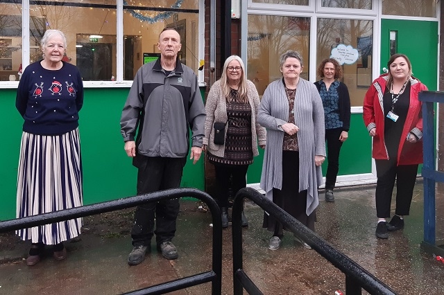 From L-R: Langley Community Benefits Society Kathryn Carr (secretary) Terry Smith (founder member and Chair person) Councillor Sue Smith (founder member and project manager), Ivy Isherwood (founder member and vice chair) Alison Crush (GMCVO) and Amy (Riverside housing) 