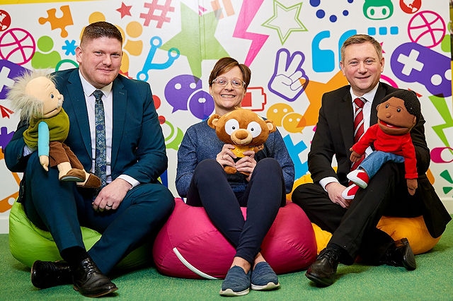 Jon Kane, trainee area sales manager for Redrow Homes (left) and Redrow sales consultant Michael Deegan (right) met bereavement support worker Nicola Isherwood (centre) at Once Upon a Smile’s headquarters