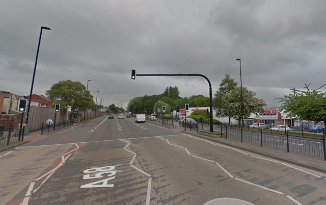 The pedestrian crossings on Manchester Road, next to Tesco