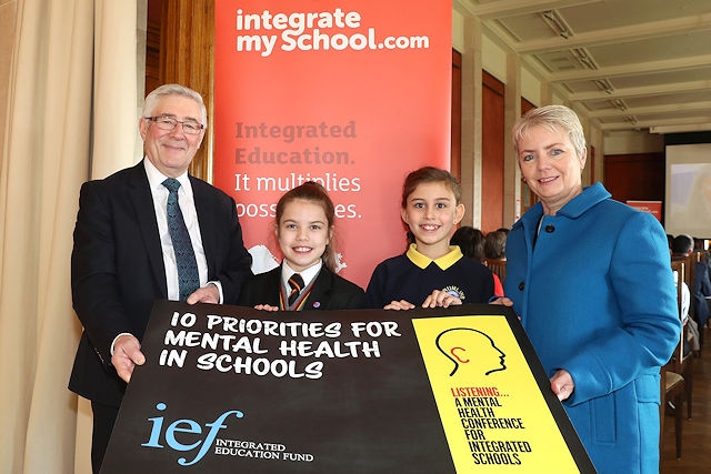 A mental health conference, funded by the Integrated Education Fund, revealed that 79% of young people are too embarrassed or afraid to get support for their emotional well-being or mental health. Pictured with schoolgirls Freya Collins and Grace Doherty.