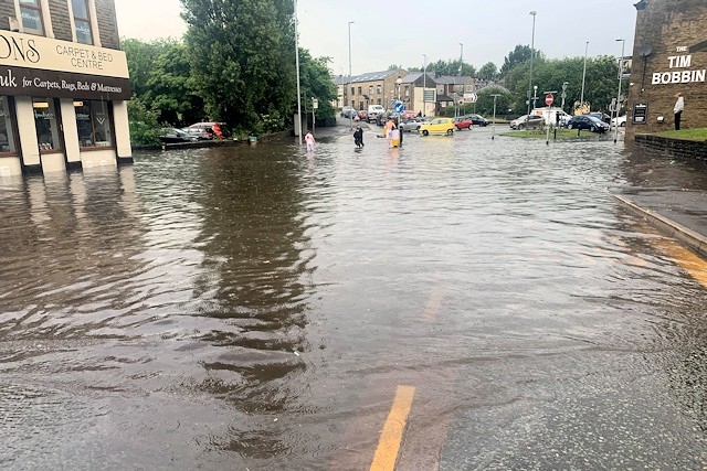 Flash flooding in Milnrow at the junction of Bridge Street, Dale Street and Kiln Street in June 2020