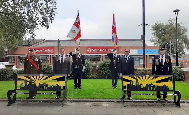 Members of the Heywood Veterans Association joined by Chris Clarkson at the new memorial installation outside Heywood Civic Centre