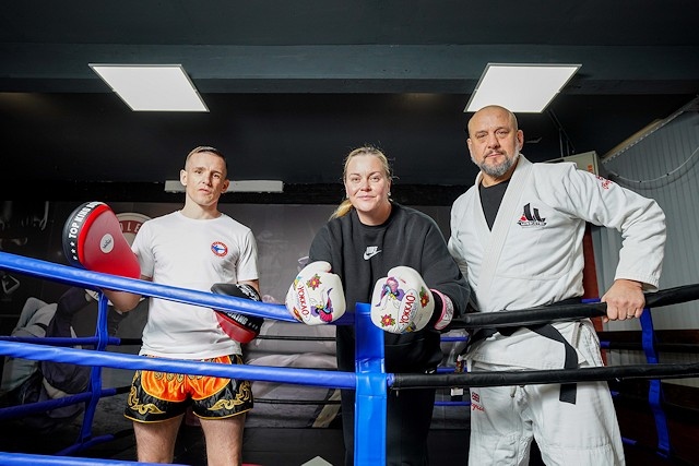 Greg Kubiak, Councillor Donna Williams and John Barlow at Middleton Martial Arts Academy