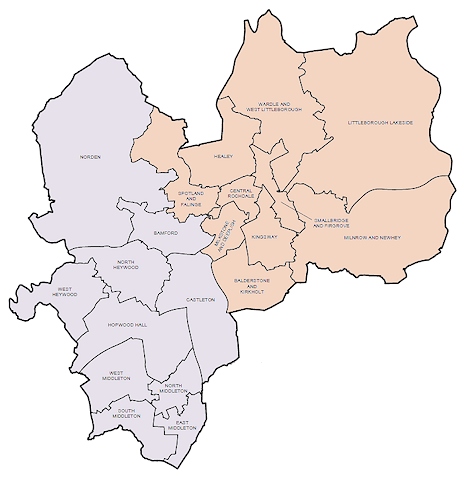 The current Heywood & Middleton constituency (pale purple) and Rochdale constituency (pale orange) boundaries