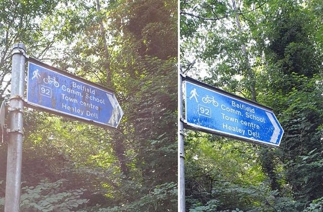 Before and after: a dirty sign is cleaned in Belfield