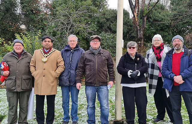 Mayor of Rochdale Councillor Aasim Rashid (second from left) attended the Lancashire Day flag raising in Milnrow on 27 November