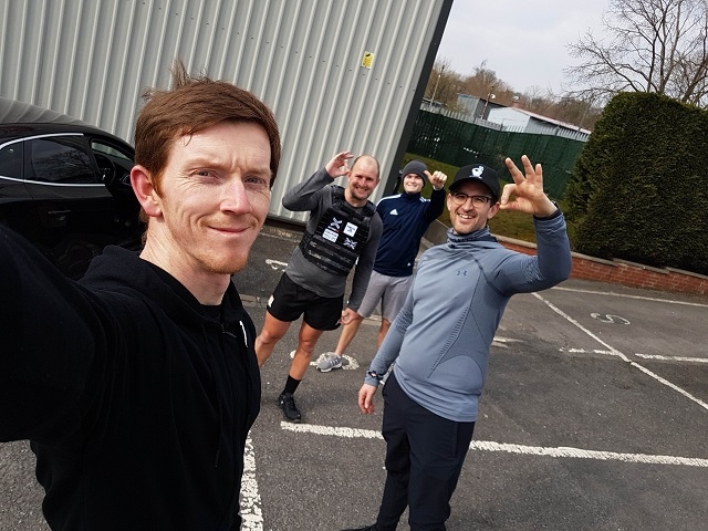 Front to back: John Carroll (onePT personal trainer), Chris Mason (onePT Member in cap), Carl Abraham (onePT Member) and Jack Wardle (onePT personal trainer)