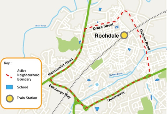 This map shows the project area, which is located between Manchester Road, Drake Street, Oldham Road, Edinburgh Way and Queensway.