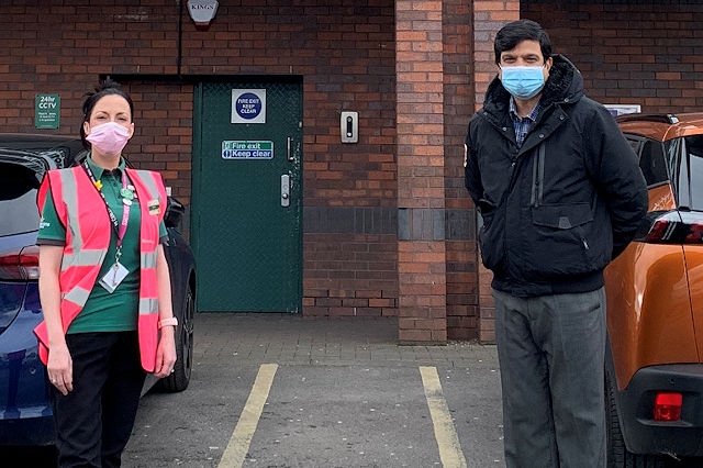 Morrisons Rochdale Community Champion Emma Pedgrift with Councillor Faisal Rana outside the Kingsway store