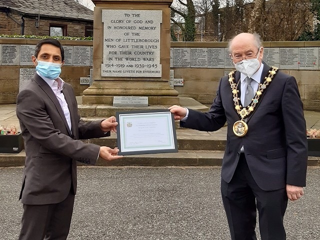 Mayor Billy Sheerin presents a certificate of recognition to Dr Venkatesh Mallya (Littleborough)