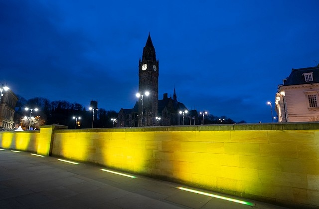 The bridge in Rochdale town centre was lit up yellow to remember those who have died