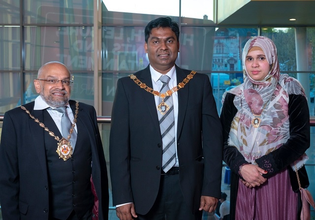 Deputy mayor Councillor Ali Ahmed (centre) with deputy mayoress Syeda Farjana Begum and their consort councillor Sultan Ali