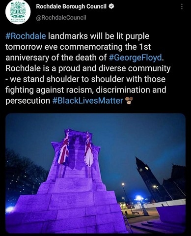 A screenshot of the tweet by Rochdale Council showing war memorial lit up purple