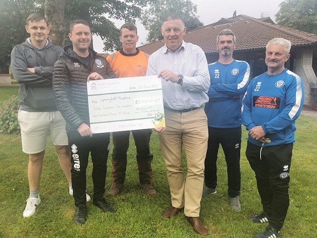 L-R: Sam Wilde, Adam Trennery (manager/founder), Cam Pomroy, John Keogh (Bluebird Care Rochdale, main kit sponsor), Ste Cosgrove, Warren Trennery