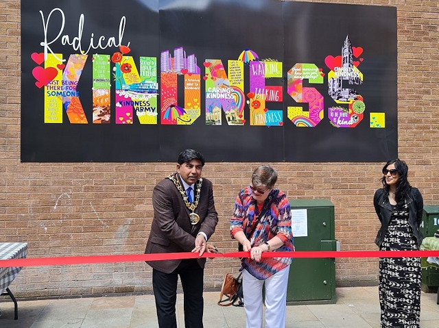 Mayor of Rochdale, Councillor Aasim Rashid, officially unveiled artwork 'Radical Kindness' with Councillor Janet Emsley at Baillie Street on 12 June