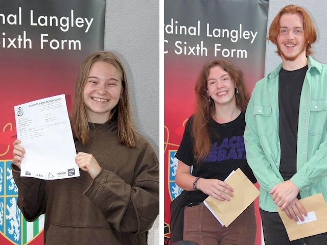 Agnieszka, Emma and Terence celebrate their A-level results