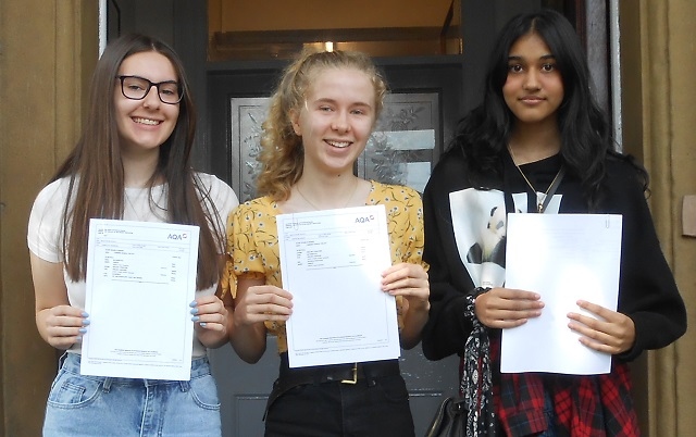 The school’s Head Girl, Sophie Wilkinson achieved ten grade 9s, Charlotte Higginson was awarded seven grade 9s and Gabriella Joicey (not pictured) received three grade 9s (pictured, left to right: Charlotte Higginson, Sophie Wilkinson and Samina Rashid)