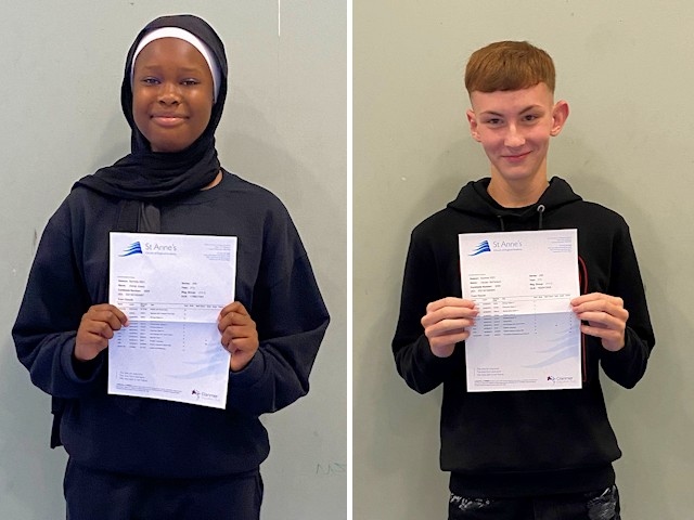 Aishat Azeez and Declan McParland celebrate their A-level results