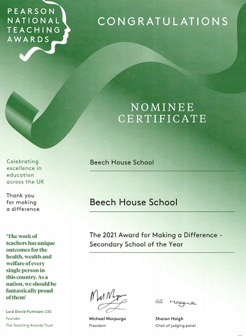 The certificate presented to Beech House School