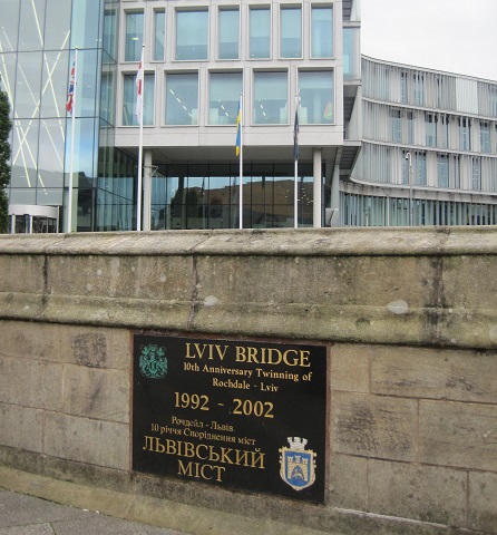 The Ukraine flag near the Lviv bridge