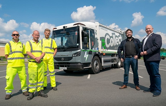 The eCollect pictured with the waste crew trialling the vehicle and Cllr Liam O'Rourke and Cllr Phil Massey