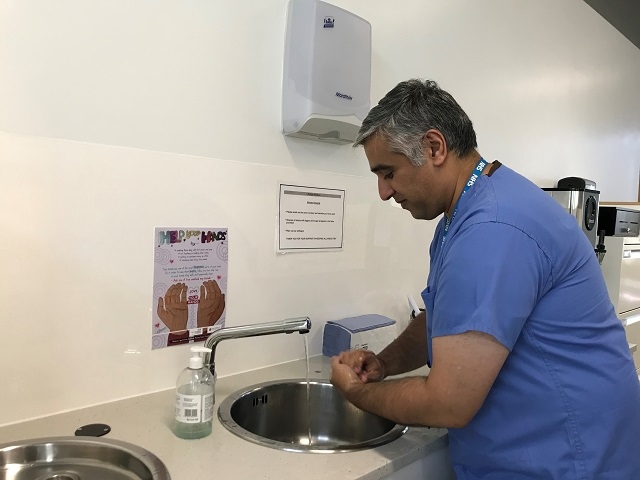 Dr Imran Ghafoor follows Tabassom's hand washing advice