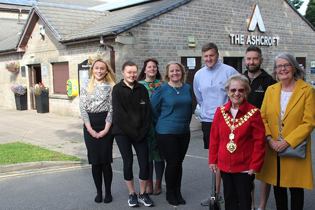 Mayor of Whitworth Councillor Maureen Jones and Consort Madeleine de Souza with Rossendale Leisure Trust staff outside the renamed The Ashcroft in Whitworth