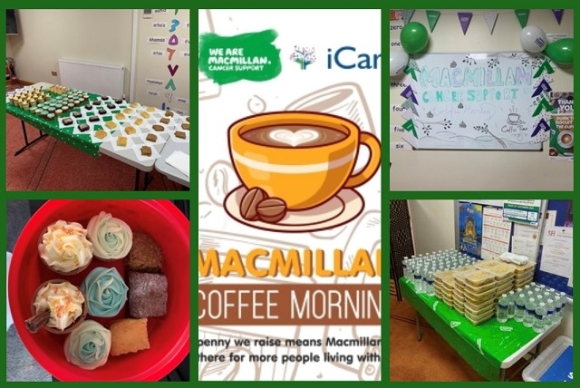 A montage of the Macmillan coffee morning at Madina Mosque, Rochdale