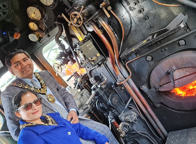 Mayor of Rochdale, Councillor Aasim Rashid, and his wife Mayoress Rifit Rashid visited the Flying Scotsman at Heywood railway station