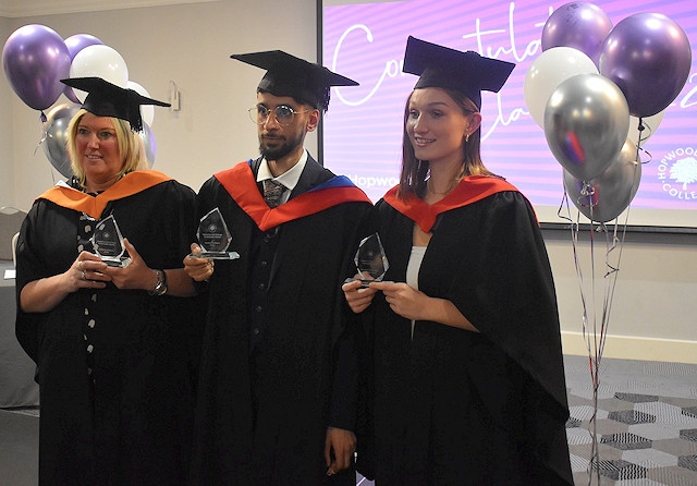 Award winners Julie Gordon (L), Bilal Baig (C) and Emma Tomson (R)