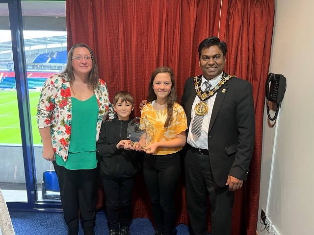 Young bloomer of the year award went to Ava and Elias Avellanet from Heywood. Pictured with Mayor Cllr Ali Ahmed and Cllr Rachel Massey