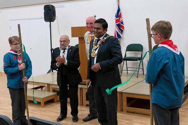  L-R: Dylan Atkinson, The Mayor's Consort Councillor Sultan Ali, Richard Baron Scout Group Chairman, The Mayor Councillor Ali Ahmed and Noah Chadwick.