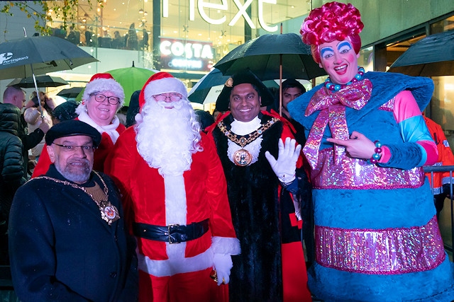 L-R Consort Sultan Ali, councillor Janet Emsley, Father Christmas, mayor Ali Ahmed with Dame Dolly at Rochdale Riverside.