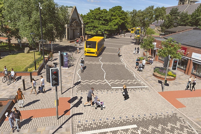 A view of how Heywood town centre could look with a rapid transit bus service and pedestrianised areas