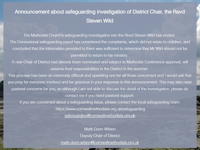 A copy of the statement on the Cornwall Methodist church website