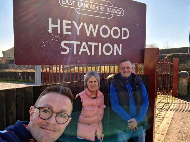 Chris Clarkson MP with Councillors Jacqui Beswick and Alan McCarthy at Heywood Railway Station