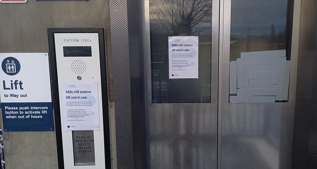 The Mills Hill station lift is out of order