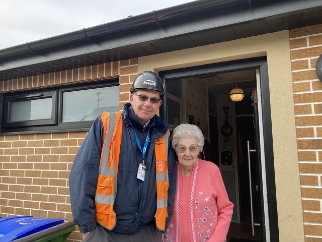 90-year-old resident, Maud, who had her home retrofit, pictured alongside Thomas Bebbington from Equans