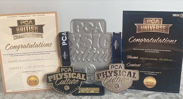 Mohammed 'Raj' Hussain's medals and certificates from the PCA Lancashire body-building show