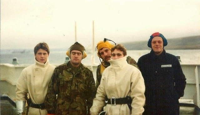 Dave (far left) pictured on his way to the Falklands in 1982