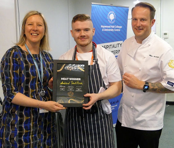 Hopwood College wokstar - Andrew Travillion heat winner with Julia Heap, Principal Hopwood Hall College and chief judge Mike Jennings