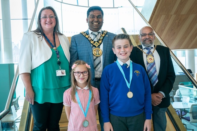 Erin and Owen with Councillor Rachel Massey, Mayor of Rochdale, Councillor Ali Ahmed and the Mayor's Consort, Sultan Ali 