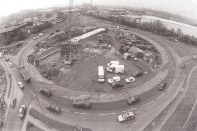 Aerial view of construction work to create a new tunnel under A627(M) roundabout in 2001