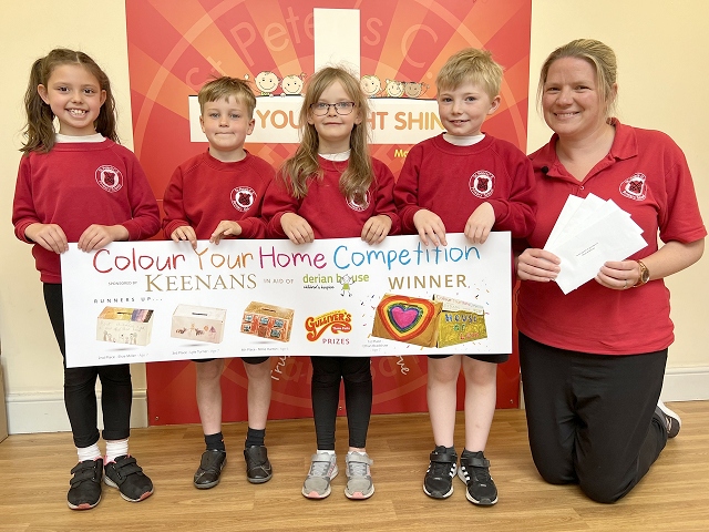 Competition runners up Elsie Miller, Lyle Turner and Millie Harton alongside winner Ethan Bradshaw and Headteacher Rachel Brown