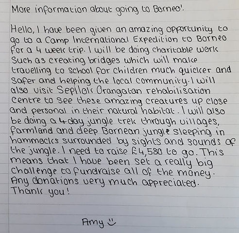 Amy Warren's handwritten note on Borneo