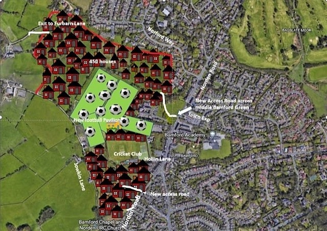 Campaign group's map of how proposed housing site in Bamford could be developed. Credit: Bamford Green Belt Action Group.